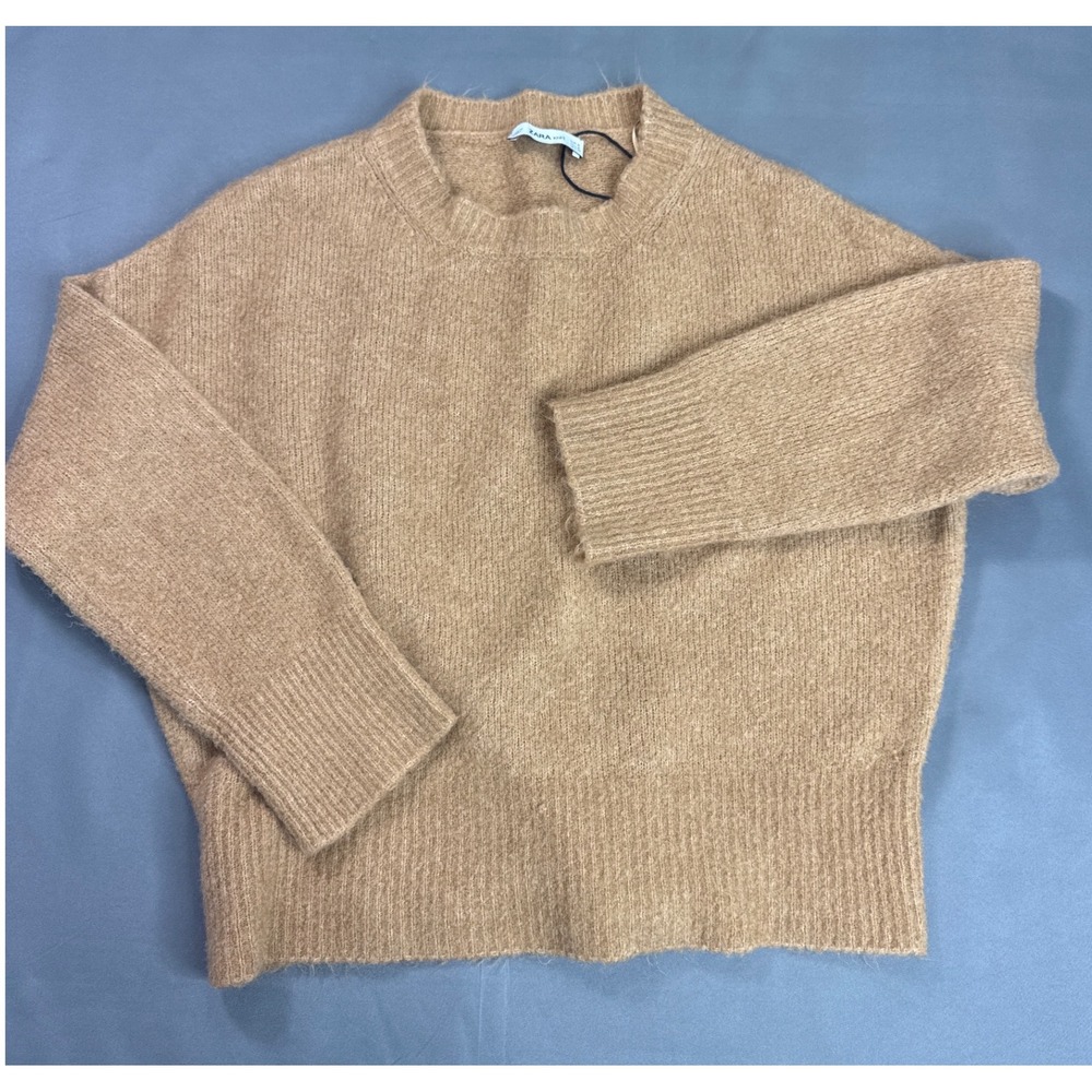 Zara Knit Womens Medium Camel Tan Fuzzy Crewneck Sweater Dropped Shoulder Ribbed